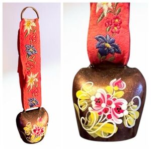 Vintage Brass Cow Bell Hand Painted Floral Embroidered Swiss Folk Art Metal 3”